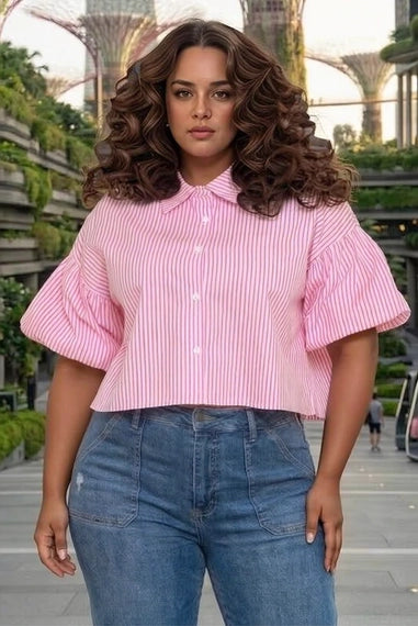 J2 FASHION Plus Size Striped Puff Sleeve Crop Shirt