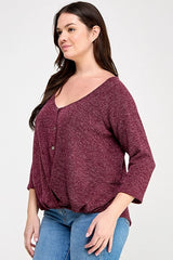 Haute Fox Plus Size Hacci Sweater Knit Button Down Drape Top