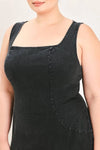 Flying Tomato Plus Size Square Neckline Washed Denim Midi Dress - Black