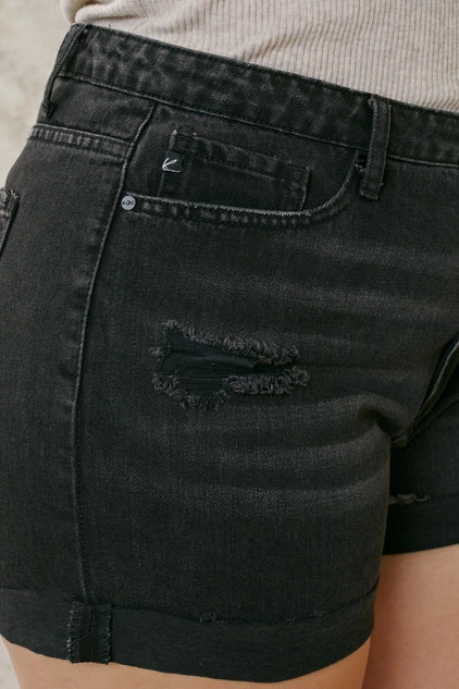 Kan Can USA Plus High Rise Frayed Hem Distressed Denim SHORTS - Black