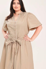 Flying Tomato Plus Size Self Sash Tie Contrasting Woven Midi Dress - Taupe