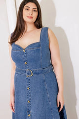 Flying Tomato Plus Size Washed Sweetheart Denim Midi Dress - Denim Blue