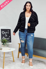 Davi & Dani Plus - Pearl Embellished Open Front Sweater Cardigan - Black