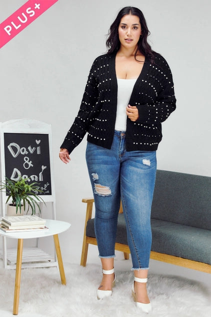 Davi & Dani Plus - Pearl Embellished Open Front Sweater Cardigan - Black