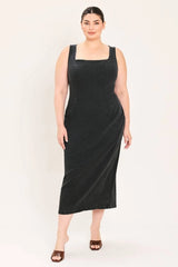 Flying Tomato Plus Size Square Neckline Washed Denim Midi Dress - Black