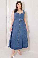 Flying Tomato Plus Size Washed Sweetheart Denim Midi Dress - Denim Blue