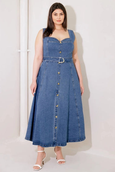 Flying Tomato Plus Size Washed Sweetheart Denim Midi Dress - Denim Blue