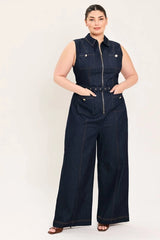 Flying Tomato Plus Size Front Zipper Denim Jumpsuit - Dark Denim