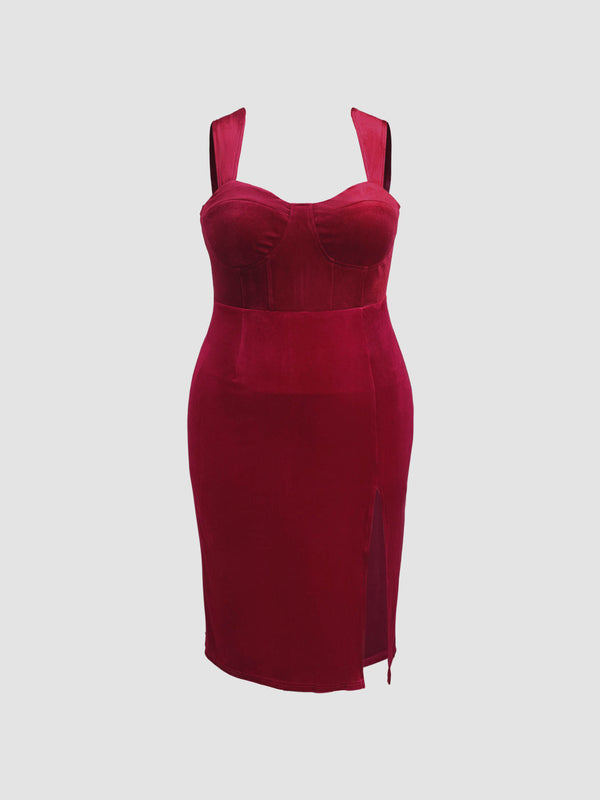Beauty Peachy Plus Size Velvet Halter Split Midi Dress - Burgundy