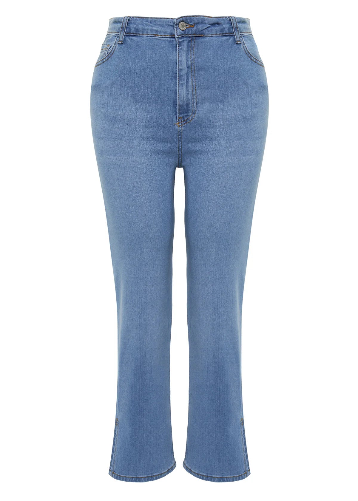 Plus Size Straight Fit Slit Detailed Denim Jeans - Medium Blue