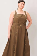 Flying Tomato Plus Size Straight Neckline Solid Woven Midi Dress - Brown