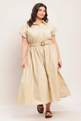 Flying Tomato Plus Size Cuffed Sleeve Woven Midi Dress - Taupe