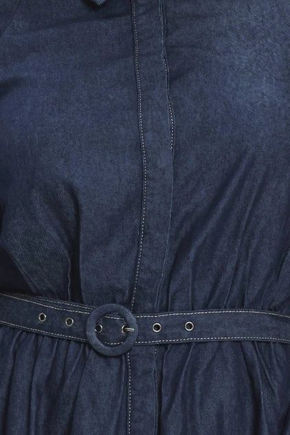 Flying Tomato Plus Size Bubble Sleeve Denim Midi Dress - DARK DENIM