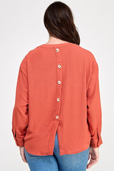 Haute Fox Plus Size V-Neck Back Button Down Long Sleeve Top