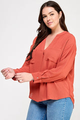 Haute Fox Plus Size V-Neck Back Button Down Long Sleeve Top
