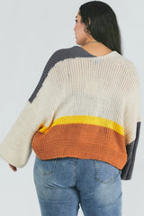 Davi & Dani Plus - Color Block Chunky Knit Balloon Sleeve Cardigan - Grey Combo