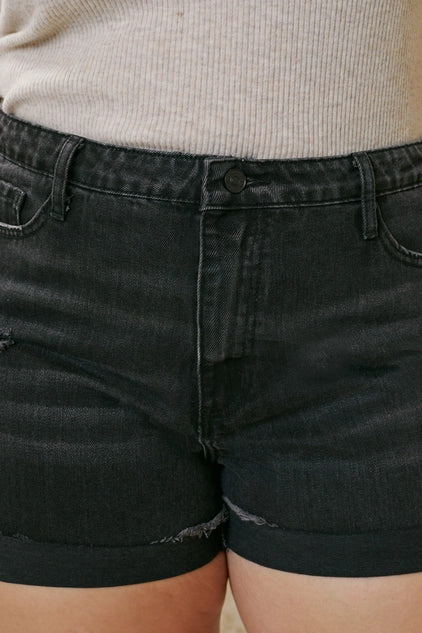 Kan Can USA Plus High Rise Frayed Hem Distressed Denim SHORTS - Black