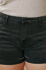 Kan Can USA Plus High Rise Frayed Hem Distressed Denim SHORTS - Black