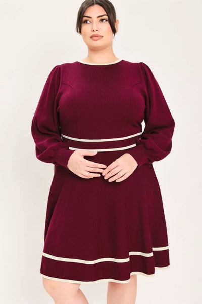 Flying Tomato Plus Size Circle Skirt Sweater Knit Mini Dress - Wine