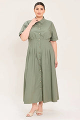 Flying Tomato Plus Size Collar Solid Woven Midi Dress - Olive