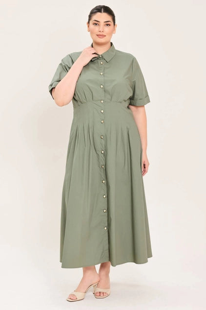 Flying Tomato Plus Size Collar Solid Woven Midi Dress - Olive