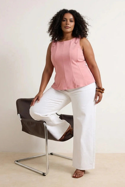 WOJCOR Plus Size Sleeveless Peplum Blouse with Waist and Shoulder Bow Detail