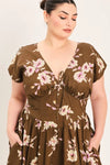 Flying Tomato Plus Size Corset Waist Printed Woven Midi Dress - BROWN FLORAL
