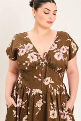 Flying Tomato Plus Size Corset Waist Printed Woven Midi Dress - BROWN FLORAL