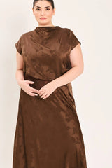 Flying Tomato Plus Size Funnel Neckline Woven Jacquard Top - Brown