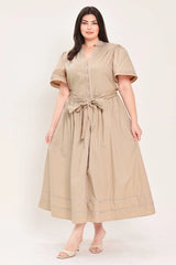 Flying Tomato Plus Size Self Sash Tie Contrasting Woven Midi Dress - Taupe