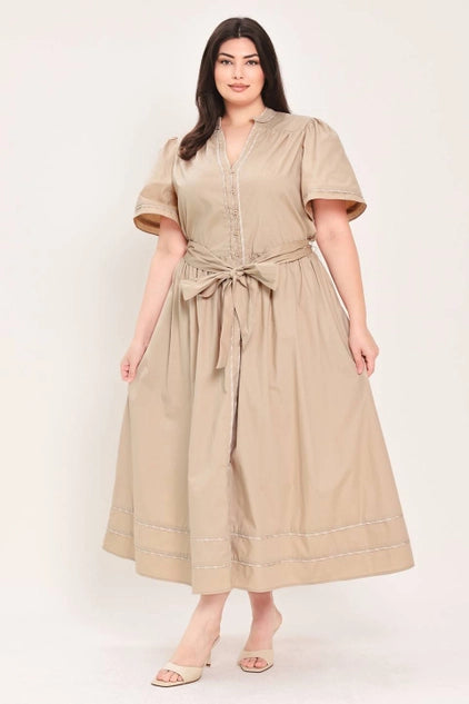 Flying Tomato Plus Size Self Sash Tie Contrasting Woven Midi Dress - Taupe