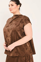 Flying Tomato Plus Size Funnel Neckline Woven Jacquard Top - Brown