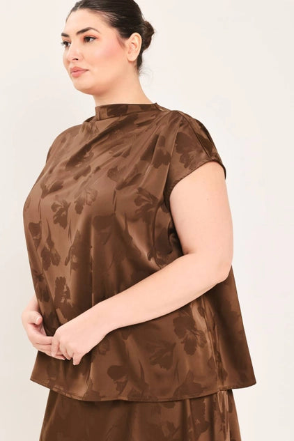 Flying Tomato Plus Size Funnel Neckline Woven Jacquard Top - Brown