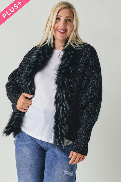Davi & Dani Plus - Marled Knit Cardigan with Faux Fur Trim Collar - Black