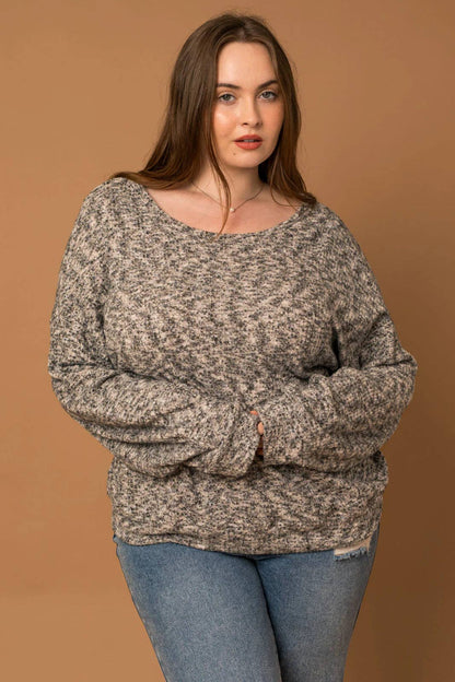 GILLI Plus Size Long Ruching Sleeve Marled Sweater - Black Grey