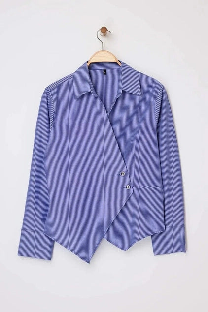 WOJCOR Plus Size Striped Woven Shirt with Silver Button Detail - Navy