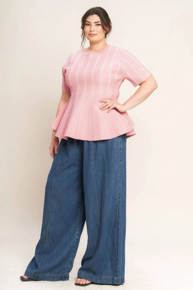 FLYING TOMATO Plus Size Peplum Jacquard Sweater Top - Pink White