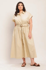 Flying Tomato Plus Size Cuffed Sleeve Woven Midi Dress - Taupe