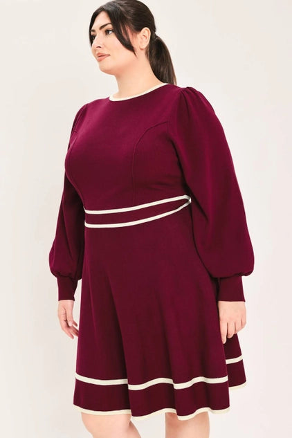 Flying Tomato Plus Size Circle Skirt Sweater Knit Mini Dress - Wine