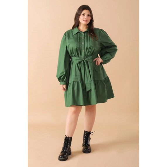 DORCAS Plus Size Solid Button Down Mini Dress - Green