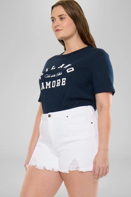 Kan Can USA Plus High Rise Distressed SHORTS - White