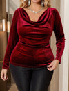 Beauty Peachy Plus Size Gold Velvet Pile Collar Elegant Long Sleeved Top - Burgundy