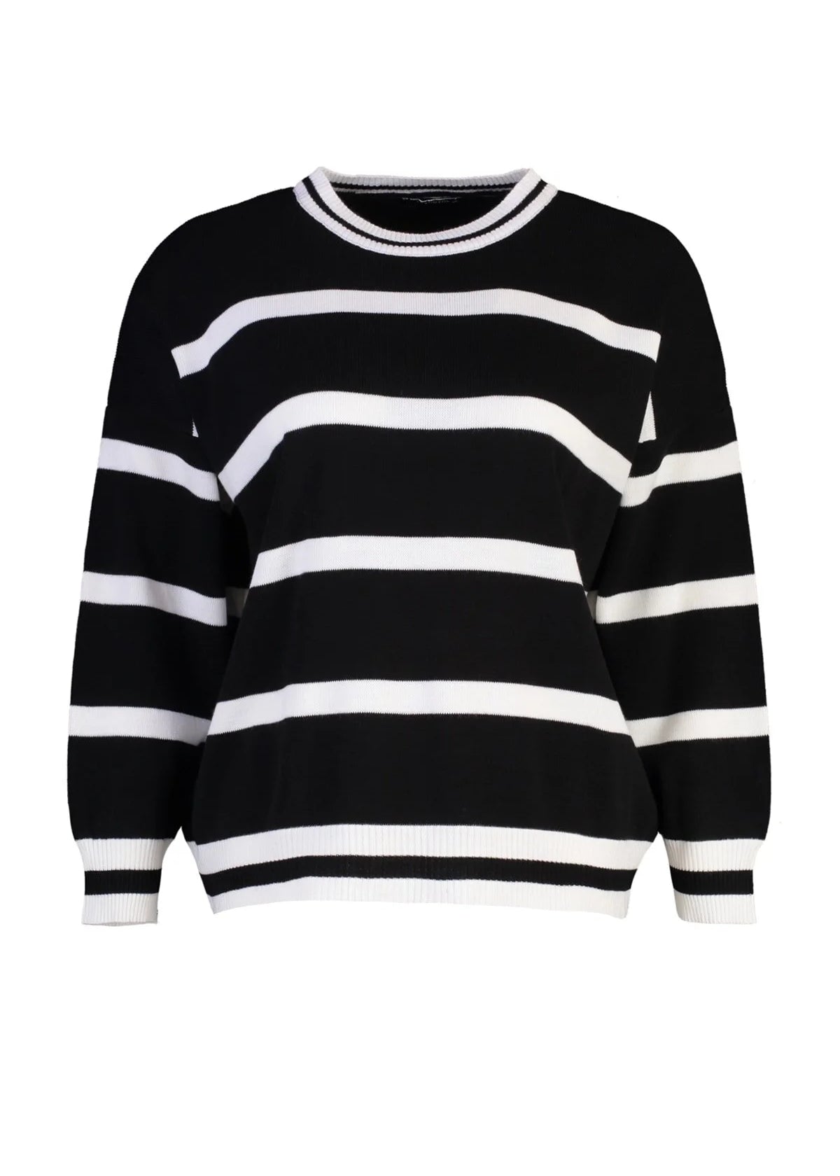 Plus Size Striped Long Sleeve Relaxed Sweater - Black