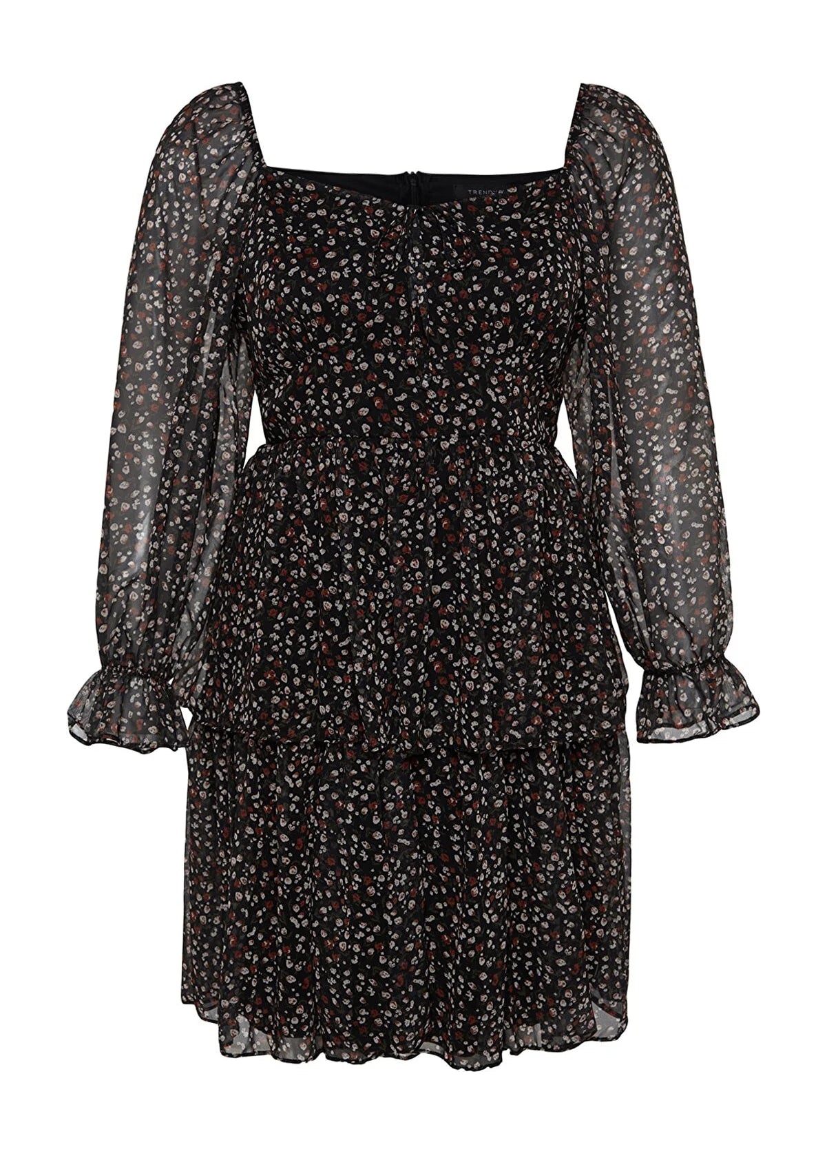 Plus Size Floral Patterned Chiffon Dress - Black