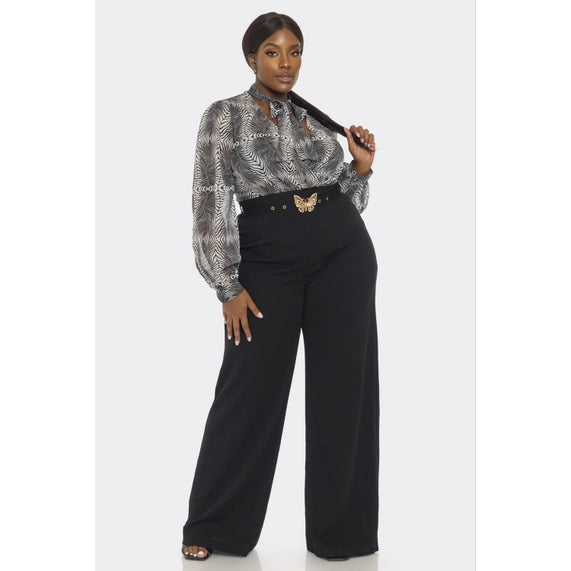 DORCAS Plus Front Necktie Long Sleeve Gold Belt Jumpsuit