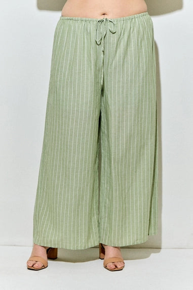 Baevely (Plus) Pinstripe Elastic Waist Tie Pant - MATCHA/IVORY