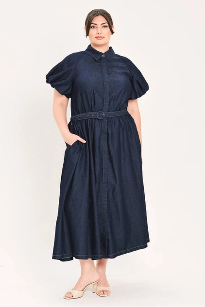 Flying Tomato Plus Size Bubble Sleeve Denim Midi Dress - DARK DENIM