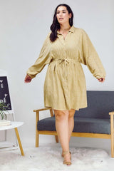 Davi & Dani Plus - Ditsy Print Button Front Drawstring Waist Shirt Dress - Taupe
