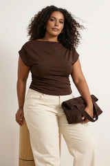 WOJCOR Plus Size Draped Detail Asymmetrical Collar Knitted Blouse