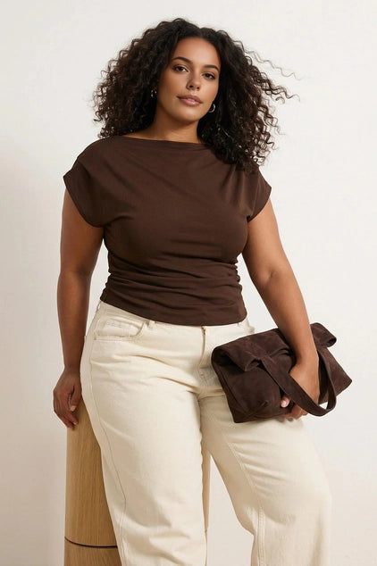 WOJCOR Plus Size Draped Detail Asymmetrical Collar Knitted Blouse
